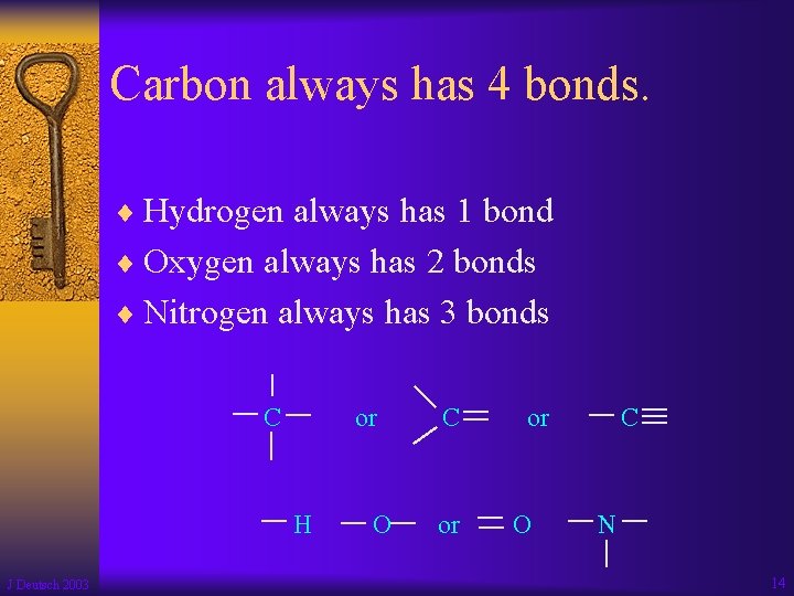 Carbon always has 4 bonds. ¨ Hydrogen always has 1 bond ¨ Oxygen always