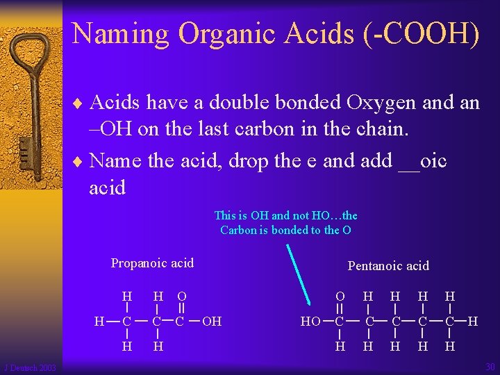 Naming Organic Acids (-COOH) ¨ Acids have a double bonded Oxygen and an –OH