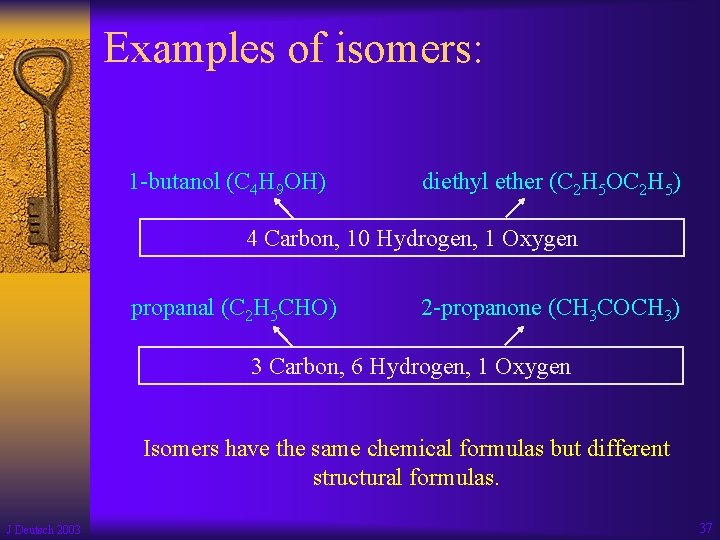 Examples of isomers: 1 -butanol (C 4 H 9 OH) diethyl ether (C 2