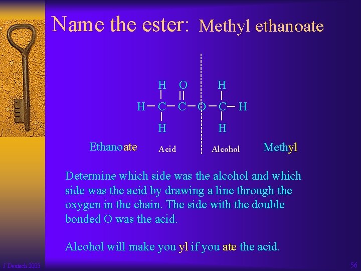 Name the ester: Methyl ethanoate H H O C C H Ethanoate Acid H