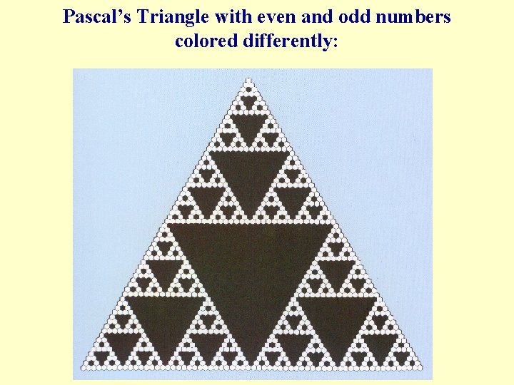 Pascal’s Triangle with even and odd numbers colored differently: 