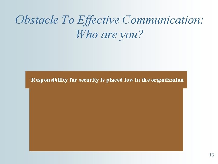 Obstacle To Effective Communication: Who are you? Responsibility for security is placed low in