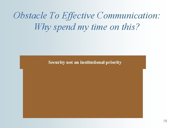 Obstacle To Effective Communication: Why spend my time on this? Security not an institutional