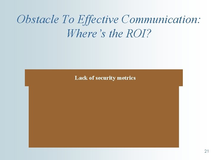 Obstacle To Effective Communication: Where’s the ROI? Lack of security metrics 21 