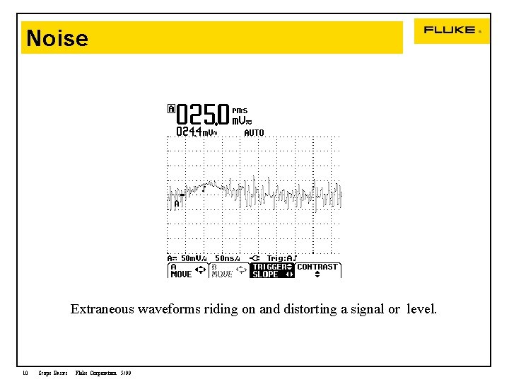 Noise Extraneous waveforms riding on and distorting a signal or level. 10 Scope Basics