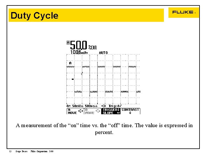 Duty Cycle A measurement of the “on” time vs. the “off” time. The value
