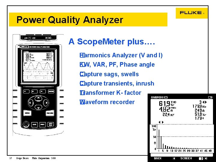 Power Quality Analyzer A Scope. Meter plus…. Harmonics Analyzer (V and I) � KW,