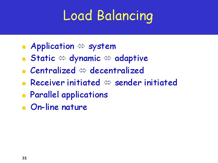 Load Balancing n n n 31 Application system Static dynamic adaptive Centralized decentralized Receiver