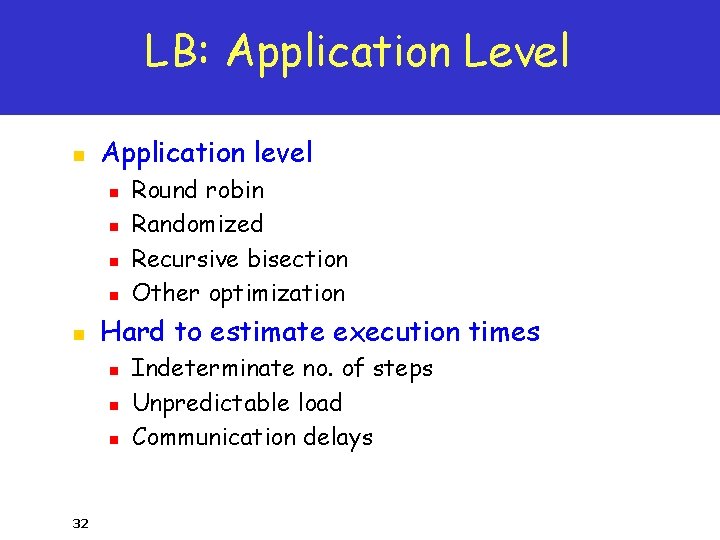 LB: Application Level n Application level n n n Hard to estimate execution times