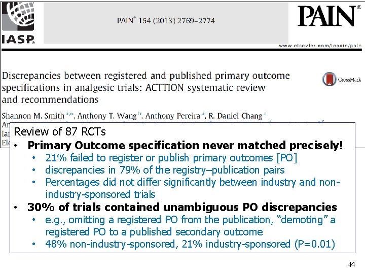 Review of 87 RCTs • Primary Outcome specification never matched precisely! • 21% failed