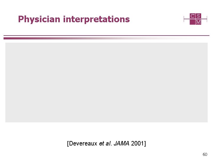 Physician interpretations [Devereaux et al. JAMA 2001] 60 