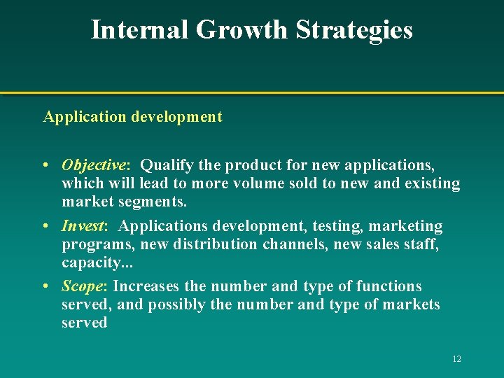 Internal Growth Strategies Application development • Objective: Qualify the product for new applications, which