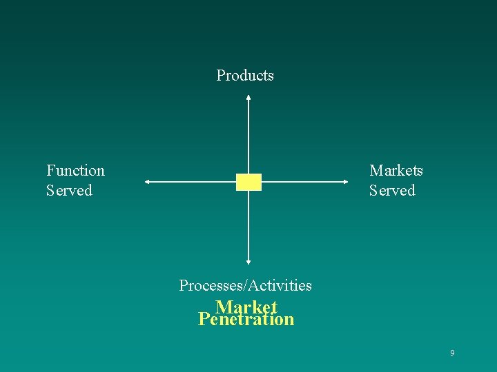 Products Function Served Markets Served Processes/Activities Market Penetration 9 