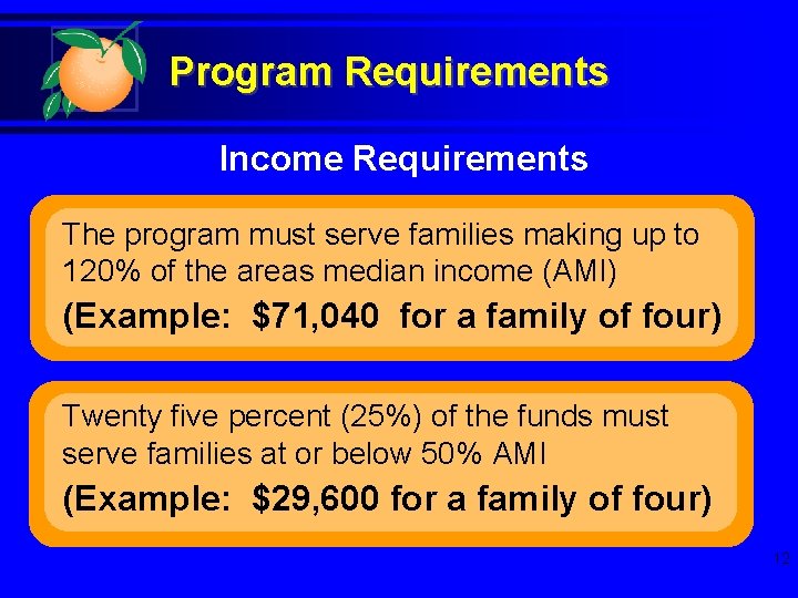 Program Requirements Income Requirements The program must serve families making up to 120% of