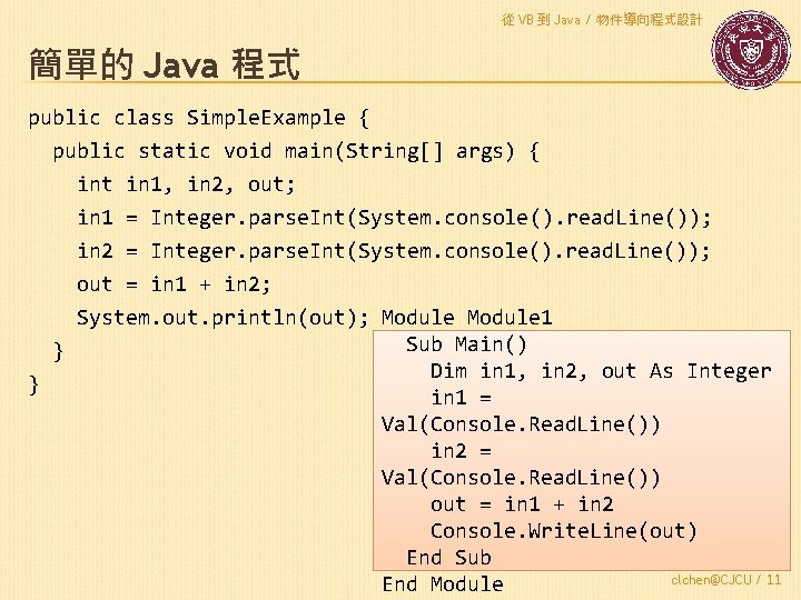 從 VB 到 Java / 物件導向程式設計 簡單的 Java 程式 public class Simple. Example {