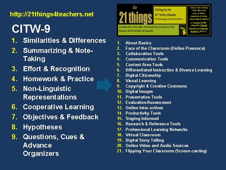 http: //21 things 4 teachers. net CITW-9 1. Similarities & Differences 2. Summarizing &