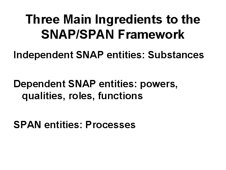 Three Main Ingredients to the SNAP/SPAN Framework Independent SNAP entities: Substances Dependent SNAP entities: