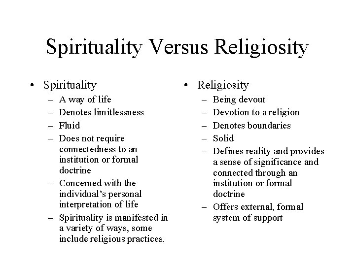 Spirituality Versus Religiosity • Spirituality – – A way of life Denotes limitlessness Fluid