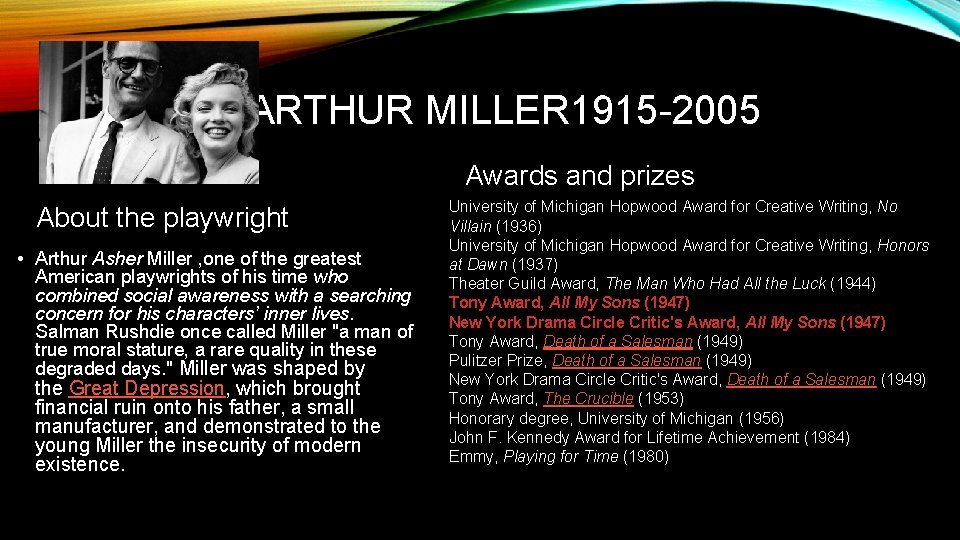 ARTHUR MILLER 1915 -2005 Awards and prizes About the playwright • Arthur Asher Miller