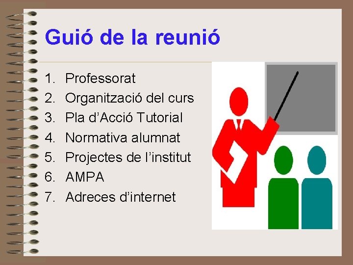 Guió de la reunió 1. 2. 3. 4. 5. 6. 7. Professorat Organització del
