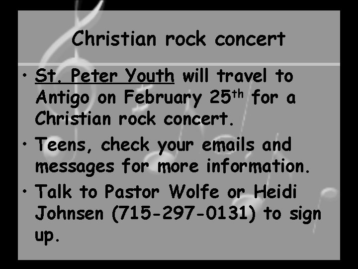 Christian rock concert • St. Peter Youth will travel to Antigo on February 25
