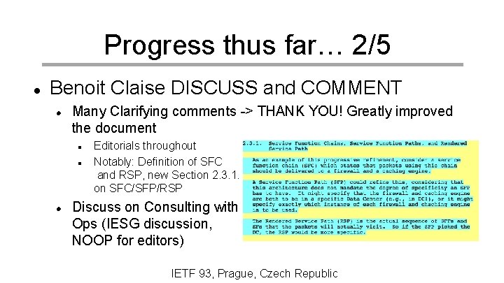 Progress thus far… 2/5 Benoit Claise DISCUSS and COMMENT Many Clarifying comments -> THANK