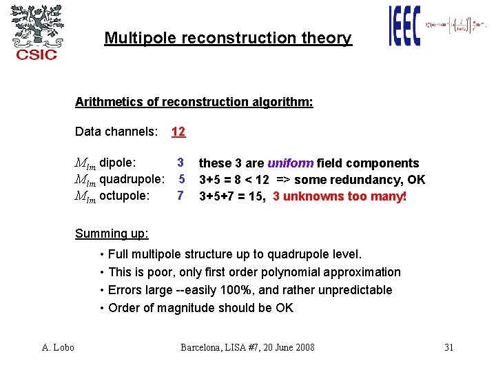 Multipole reconstruction theory Arithmetics of reconstruction algorithm: Data channels: 12 Mlm dipole: 3 Mlm