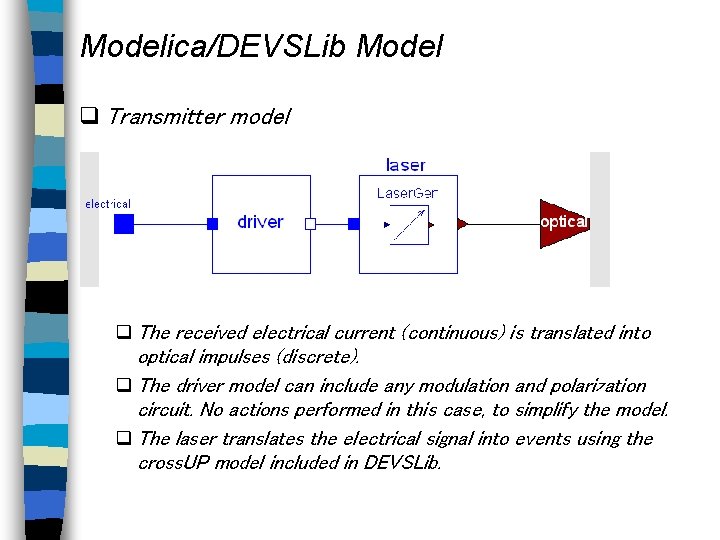 Modelica/DEVSLib Model Transmitter model The received electrical current (continuous) is translated into optical impulses