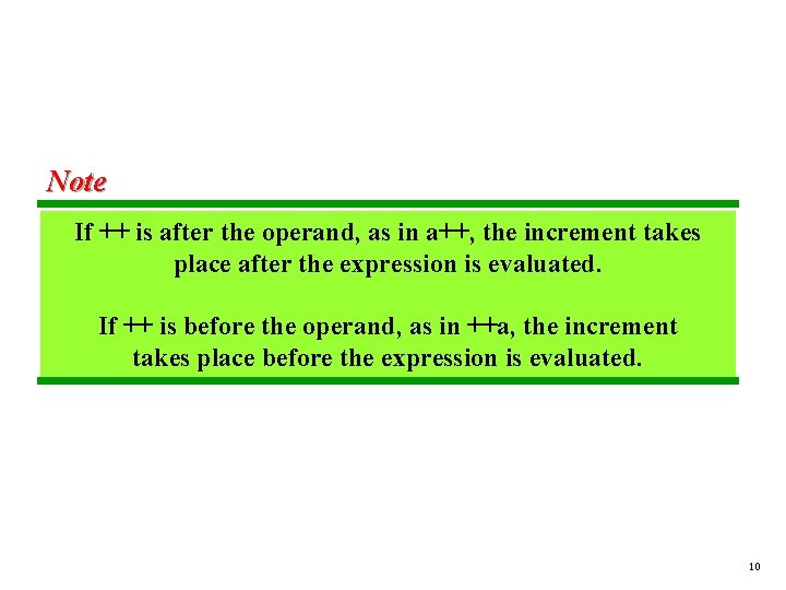 Note If ++ is after the operand, as in a++, the increment takes place