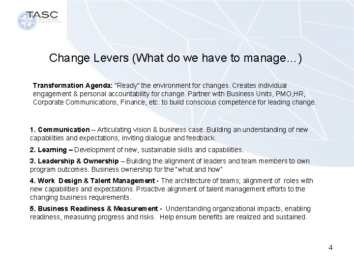Change Levers (What do we have to manage…) Transformation Agenda: “Ready” the environment for