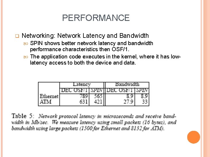 PERFORMANCE q Networking: Network Latency and Bandwidth SPIN shows better network latency and bandwidth
