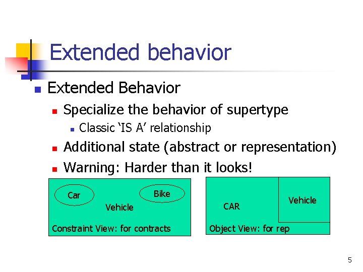 Extended behavior n Extended Behavior n Specialize the behavior of supertype n n n