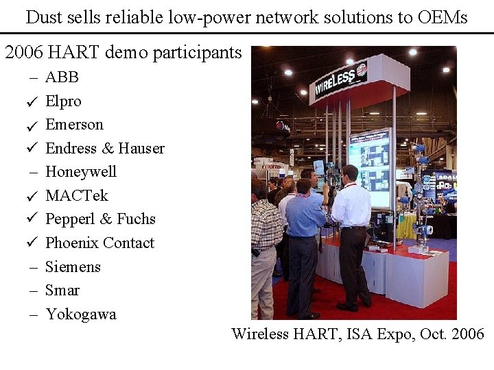 Dust sells reliable low-power network solutions to OEMs 2006 HART demo participants – –