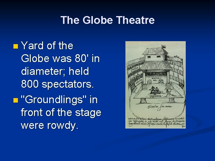 The Globe Theatre n Yard of the Globe was 80' in diameter; held 800