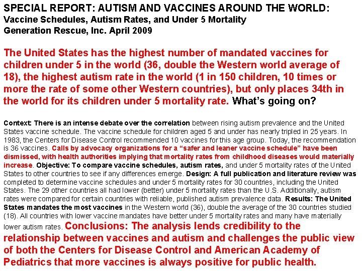 SPECIAL REPORT: AUTISM AND VACCINES AROUND THE WORLD: Vaccine Schedules, Autism Rates, and Under