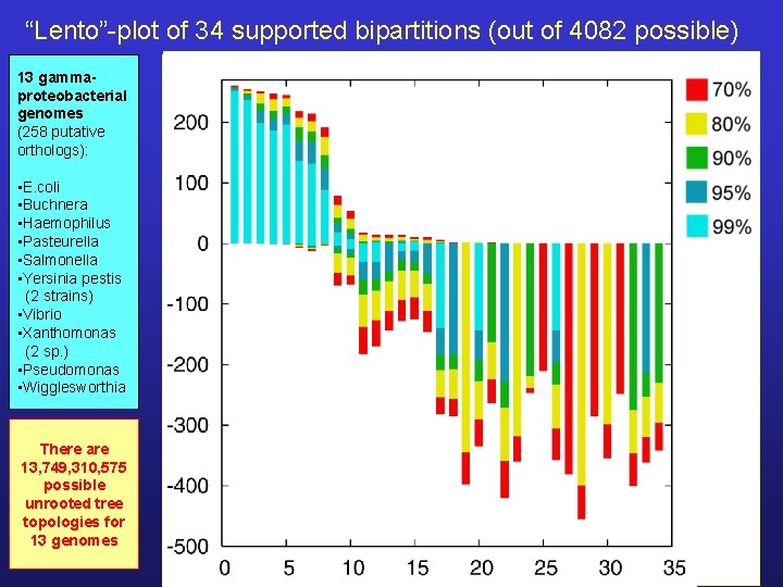 “Lento”-plot of 34 supported bipartitions (out of 4082 possible) 13 gammaproteobacterial genomes (258 putative