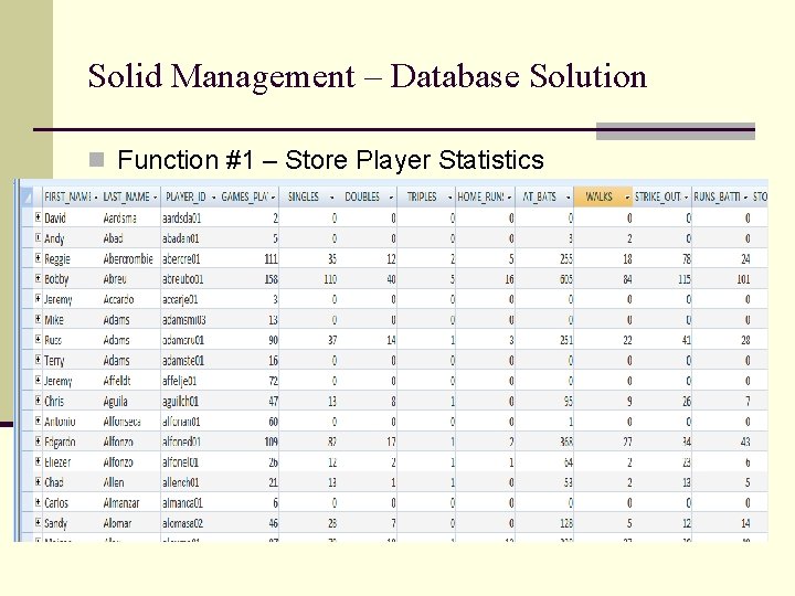 Solid Management – Database Solution n Function #1 – Store Player Statistics 