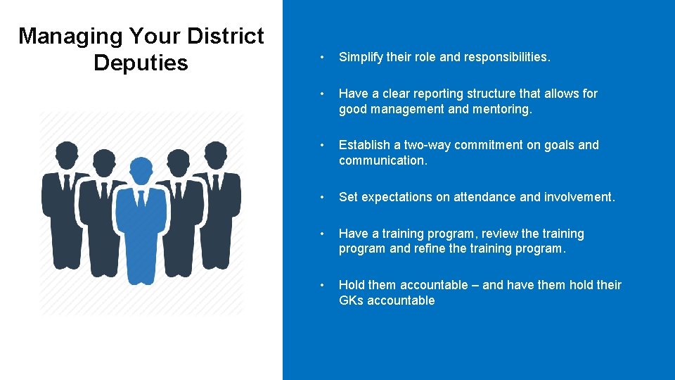 Managing Your District Deputies • Simplify their role and responsibilities. • Have a clear