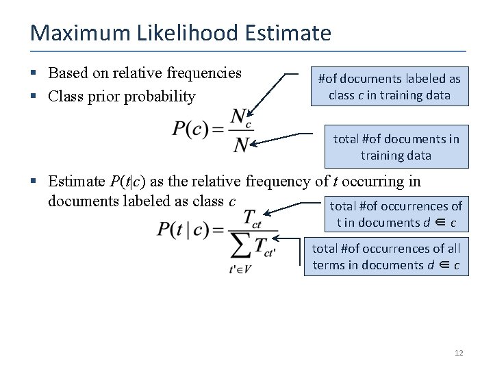 Maximum Likelihood Estimate § Based on relative frequencies § Class prior probability #of documents