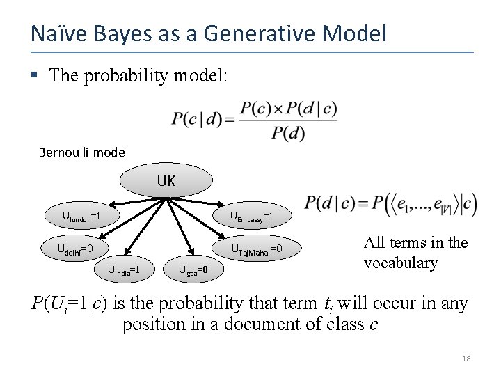 Naïve Bayes as a Generative Model § The probability model: Bernoulli model UK Ulondon=1