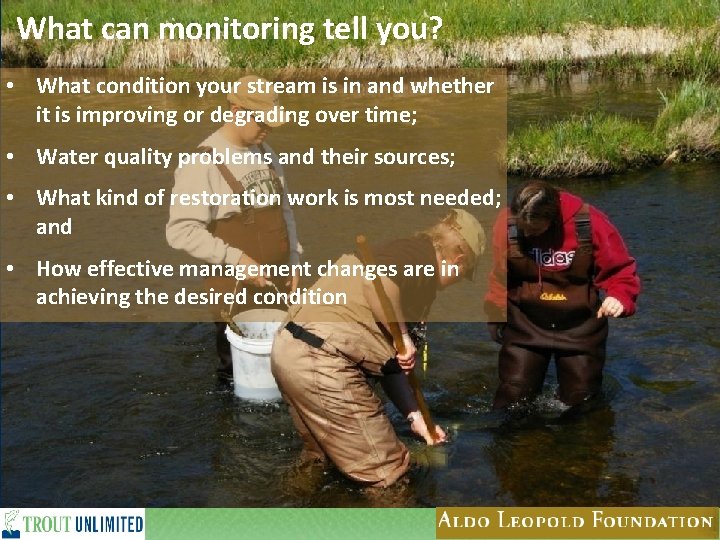 What can monitoring tell you? • What condition your stream is in and whether