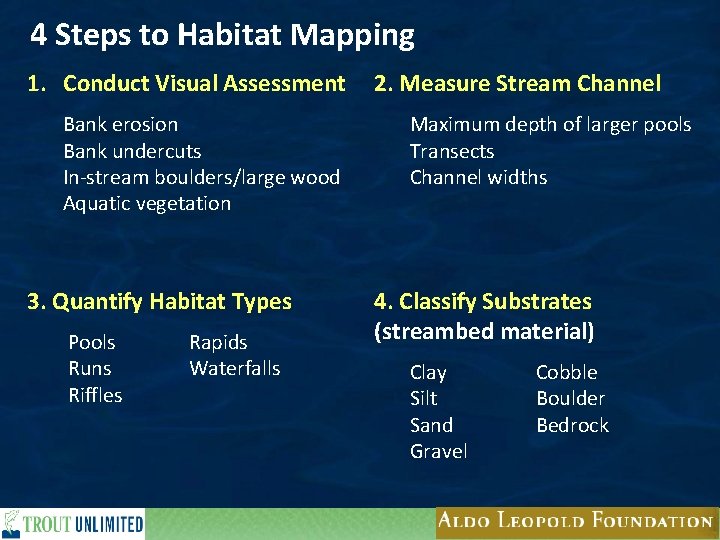 4 Steps to Habitat Mapping 1. Conduct Visual Assessment Bank erosion Bank undercuts In-stream