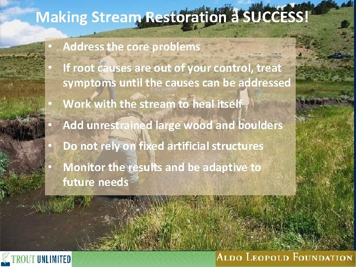 Making Stream Restoration a SUCCESS! • Address the core problems • If root causes