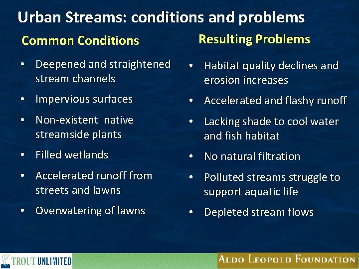 Urban Streams: conditions and problems Common Conditions Resulting Problems • Deepened and straightened stream