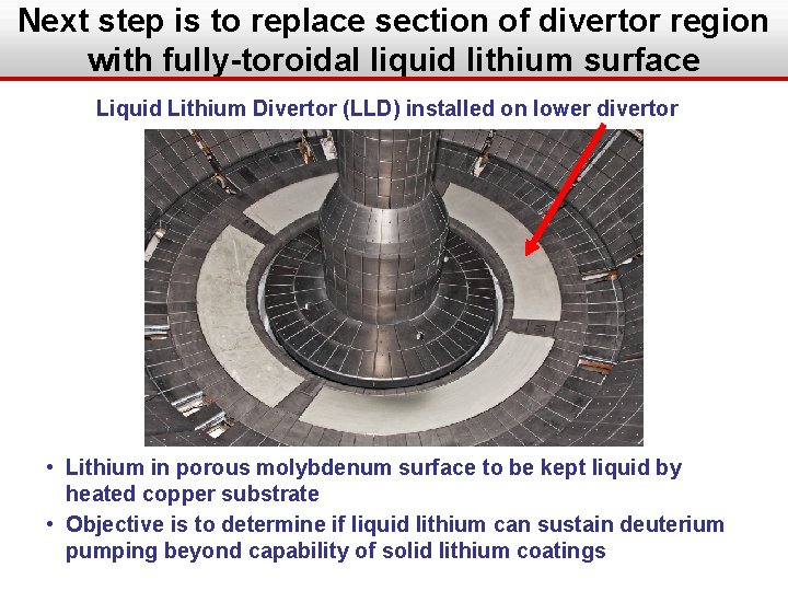 Next step is to replace section of divertor region with fully-toroidal liquid lithium surface