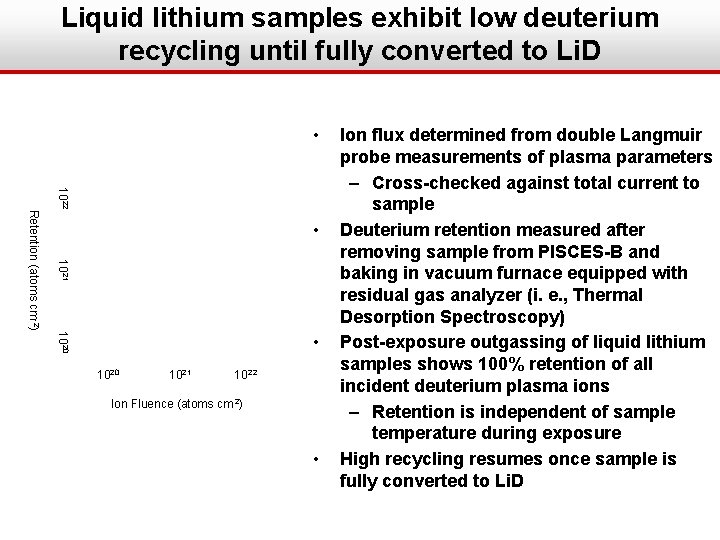 Liquid lithium samples exhibit low deuterium recycling until fully converted to Li. D •