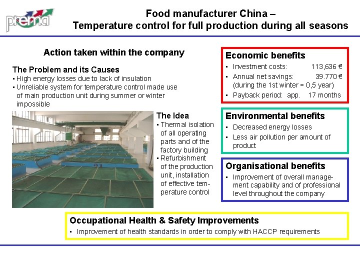 Food manufacturer China – Temperature control for full production during all seasons Action taken