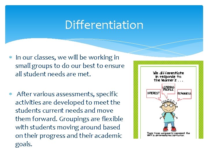 Differentiation In our classes, we will be working in small groups to do our