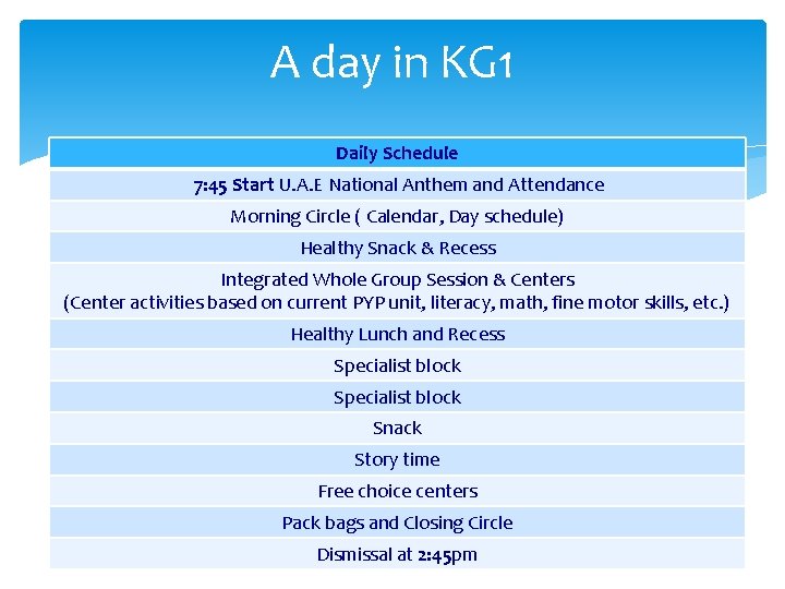 A day in KG 1 Daily Schedule 7: 45 Start U. A. E National