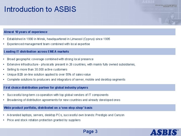 IBDINGWar OPX 20070976. 9 10/3/2020 12: 01 AM Introduction to ASBIS Almost 18 years